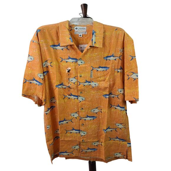 Columbia Orange Blue White Tarpan Short Sleeve Silk Fish Shirt NEW Medium - Picture 1 of 3